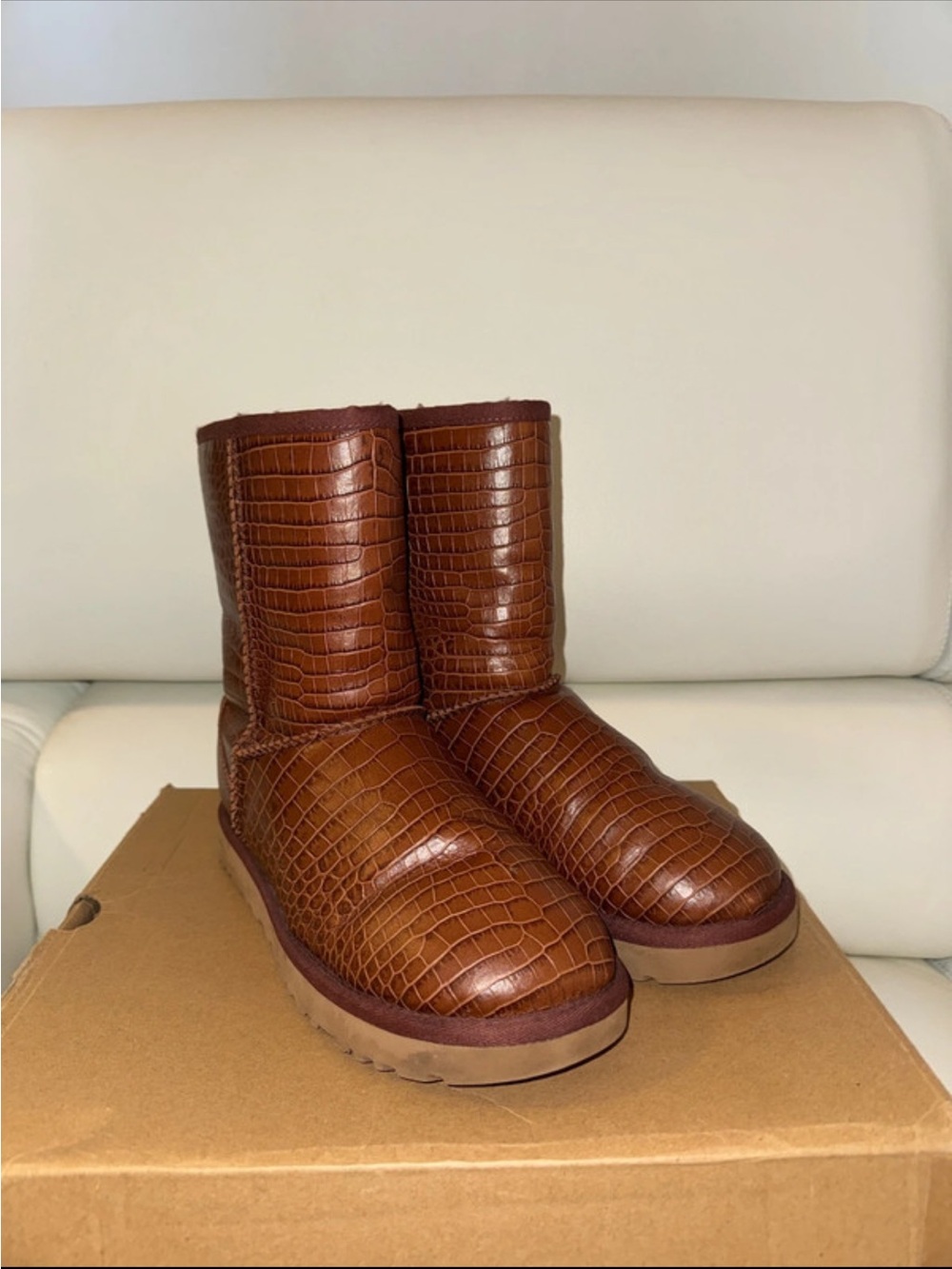 UGG WOMEN’S BROWN CROC- EMBOSSED SHORT BOOTIES